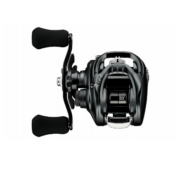 Carrete Daiwa Tatula TW SV 2024 150 HL en color negro, ideal para pesca de Bass y depredadores, mostrando su diseño y características.